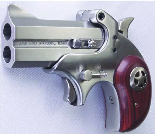BOND ARMS COWBOY DEFENDER HGD 45/410 3 IN O/U SATIN FINISH BBL SS FRAME RWOOD PANEL GRIPS